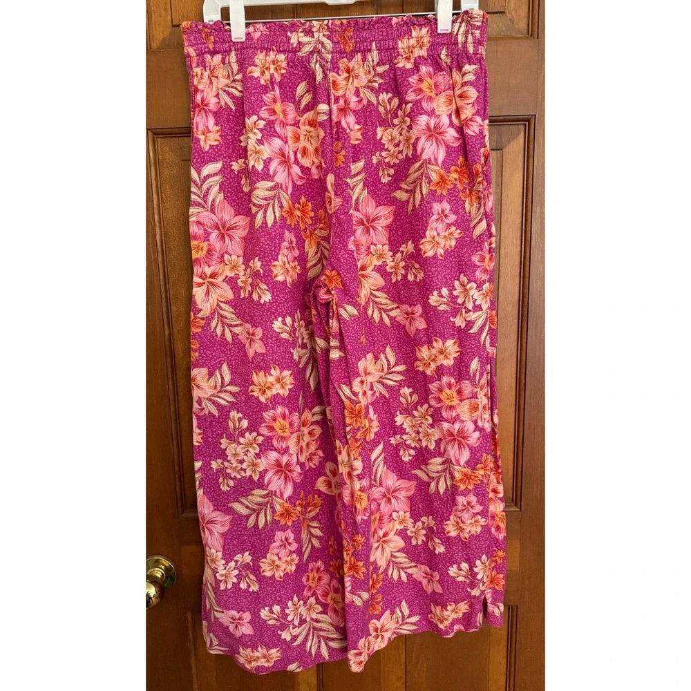 Ann Taylor Linen Pants Women L Petite Wide-Leg Crop Comfort Waist Pull-On Beachy